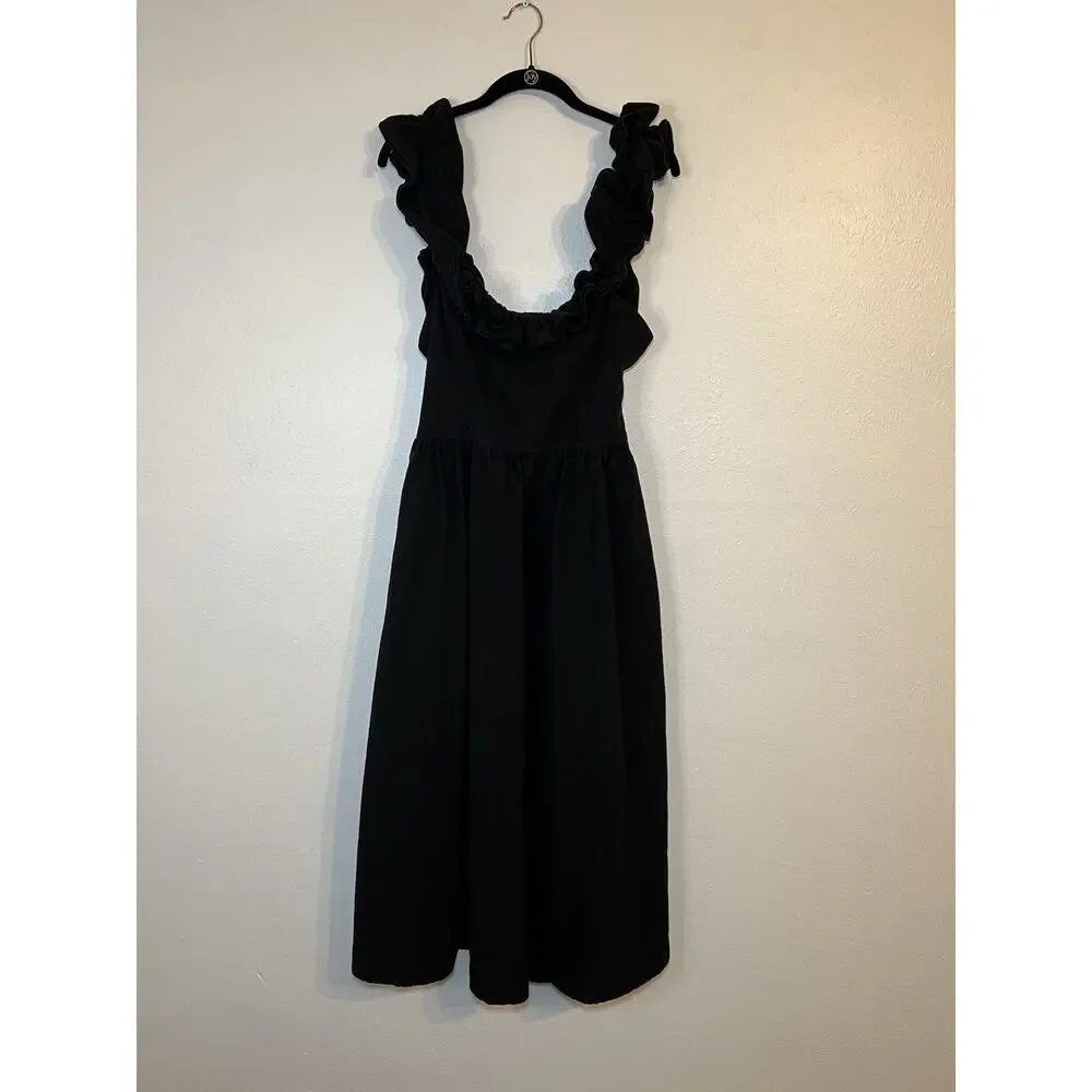 Free People Ruffle It Up Midi Dress Black Smocked Tie Cotton Size Medium